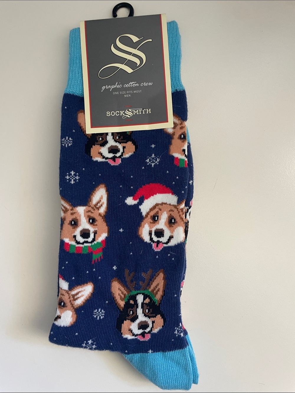 Socksmith Men’s Crew Socks - Navy Blue Corgi Holiday Print